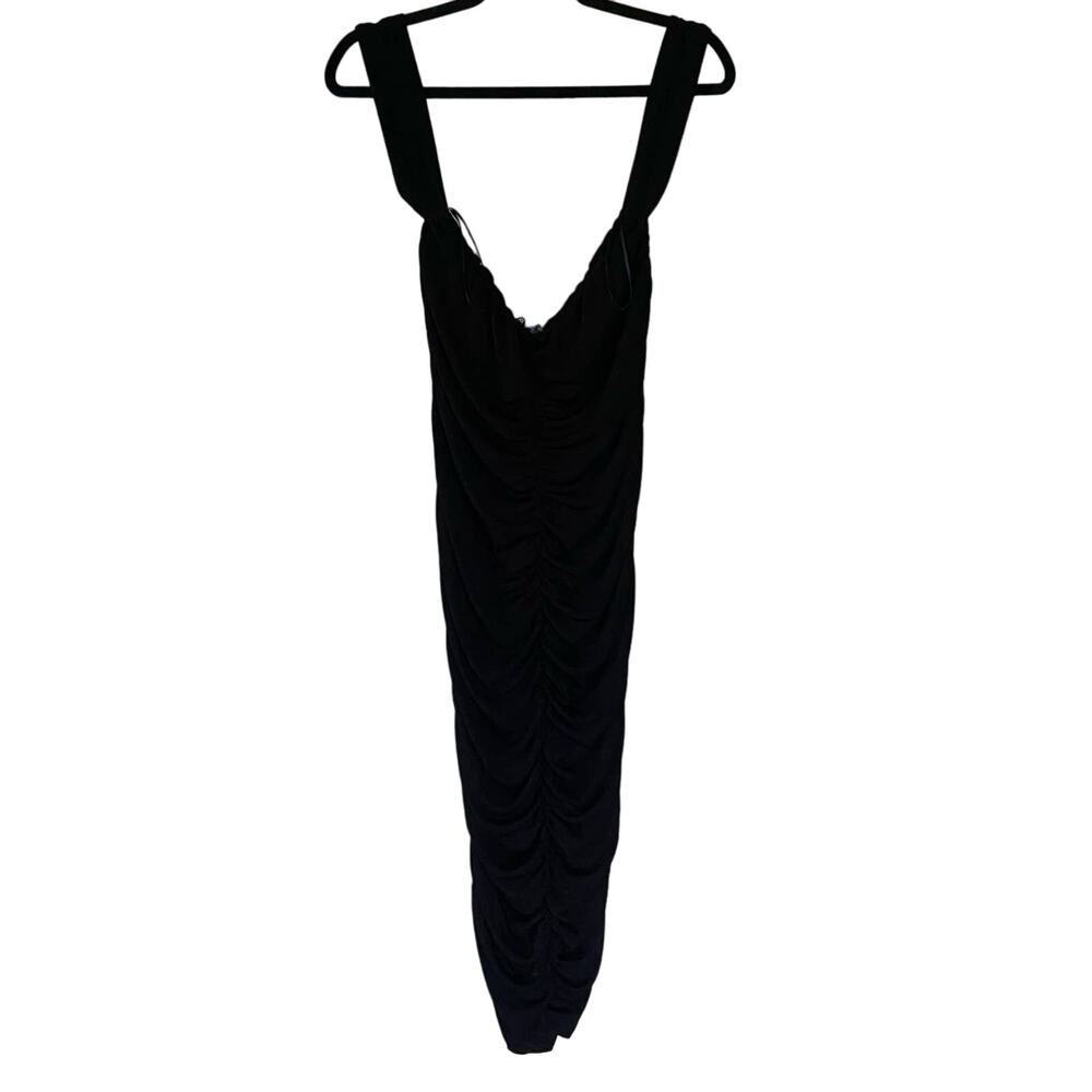 Boohoo Over the Shoulder Black Rouched Midi Bodycon Dress Women's Size 14
